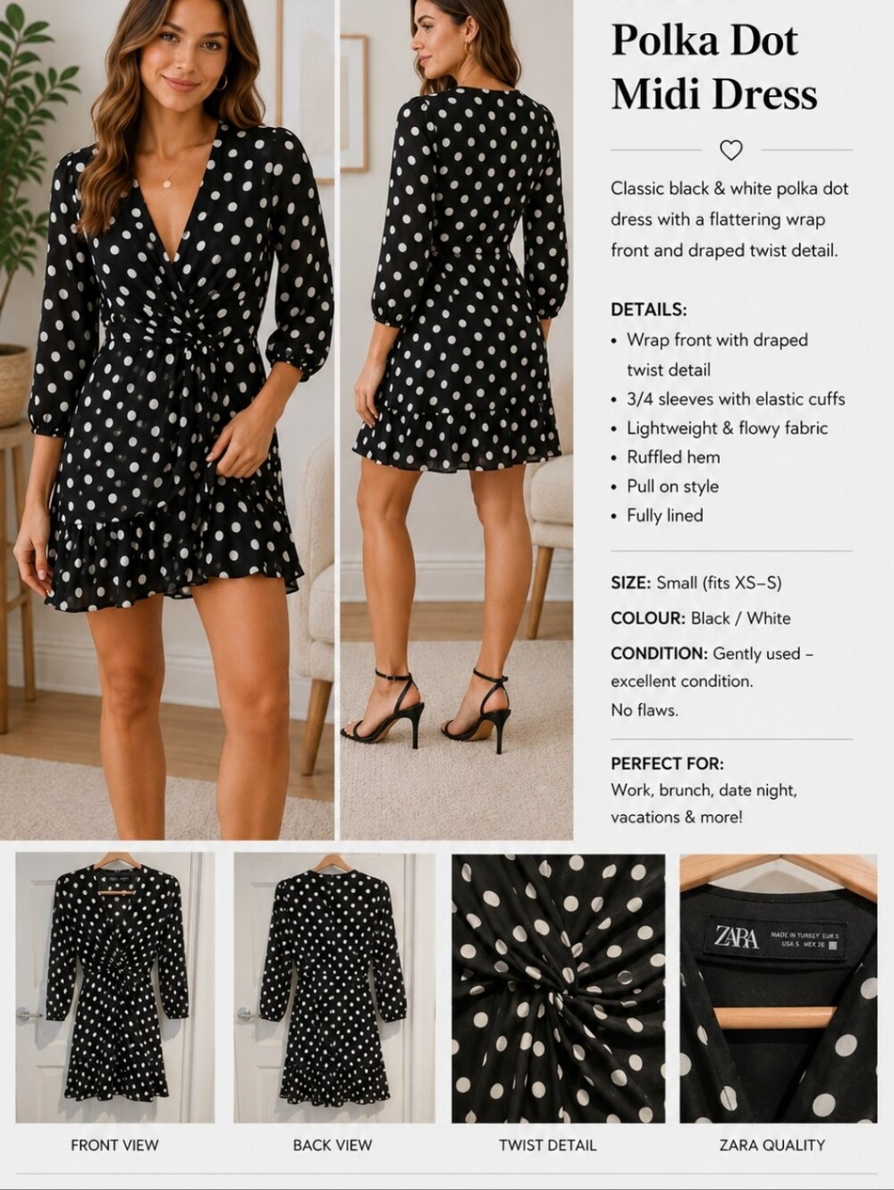 Zara Black and White Polka Dot Midi Dress